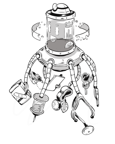 illustration of drone robot holding various health-related items