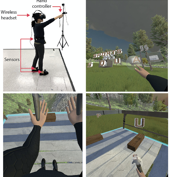 collage of person in virtual reality gear and virtual environments of outdoor space