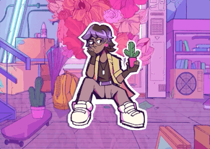 illustration of person holding a cactus on sidewalk