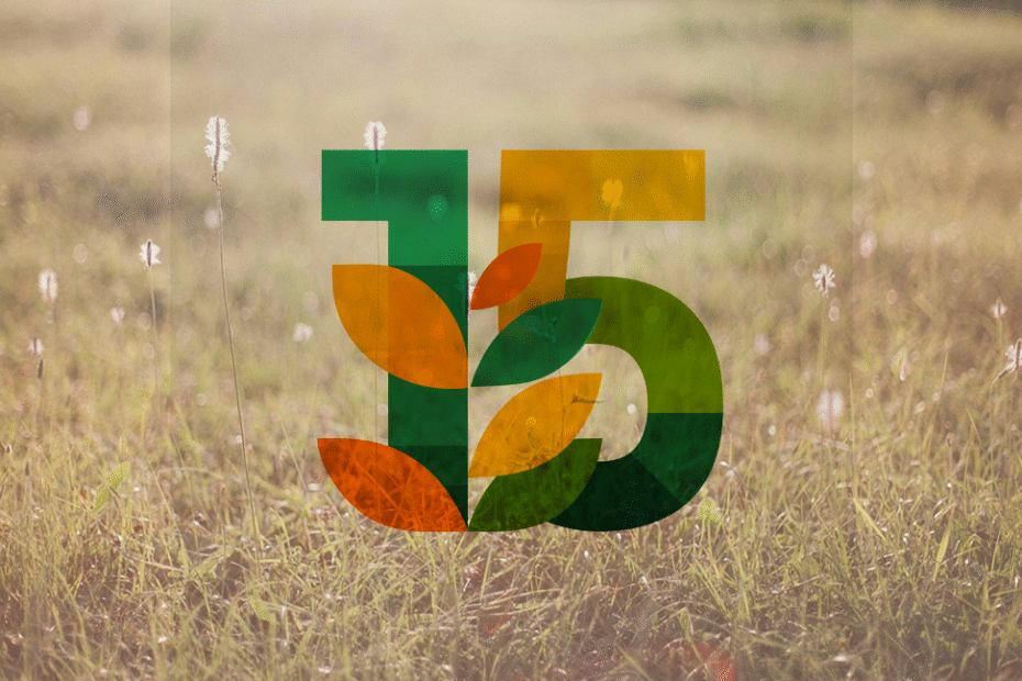 Number 15 with leaves growing on it overlayed on a field of blooming grass