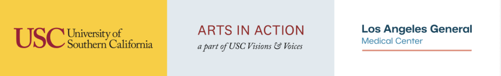 logos for university of southern california, usc arts in action and los angeles general medical center