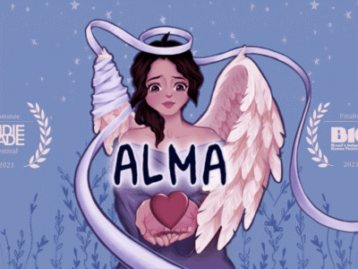 illustration of female character as angle with festival award logos